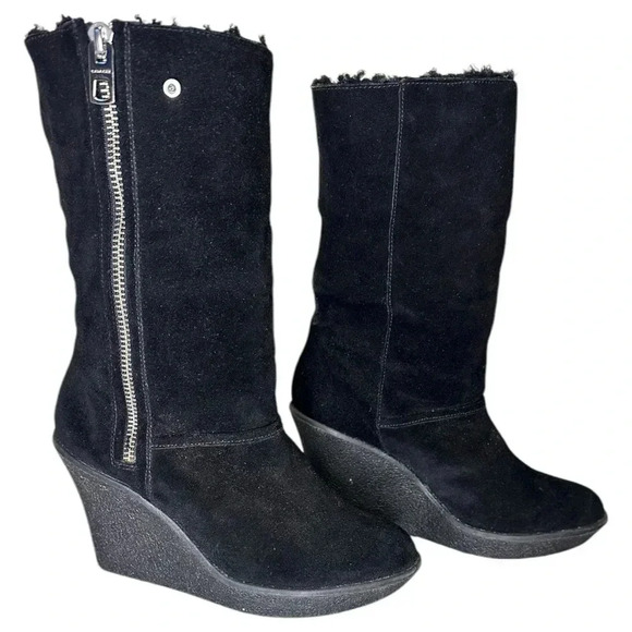 COACH mid-calf black suede & shearling wedge boots w/ side zipper – size 7.5 - Picture 1 of 9